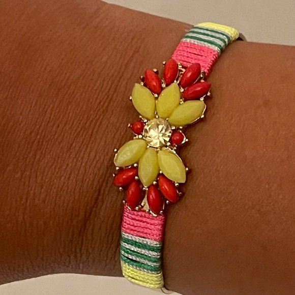 Women's Neon Lucite Beads Clear Rhinestone Thread Wrapped Cuff Bracelet - Picture 2 of 5